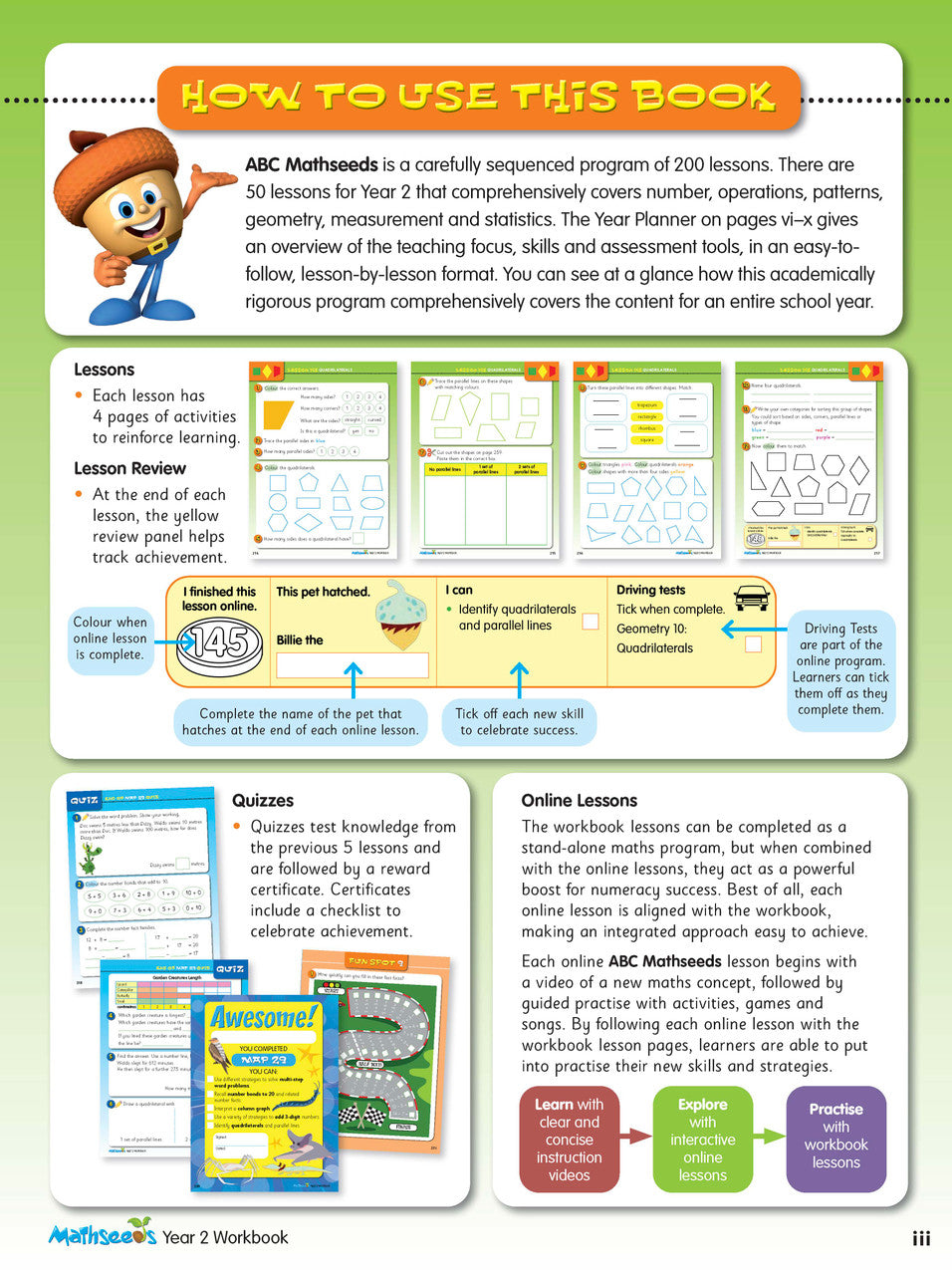 Sample interior page from the ABC Mathseeds Maths Skills Year 2 workbook, showing full-colour lesson activities