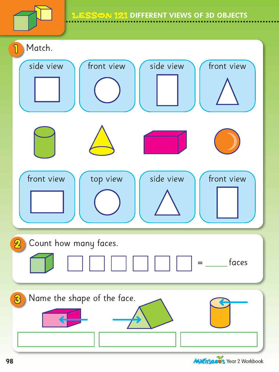 Interior activity page from the ABC Mathseeds Maths Skills Year 2 workbook, showing full-colour lesson activities