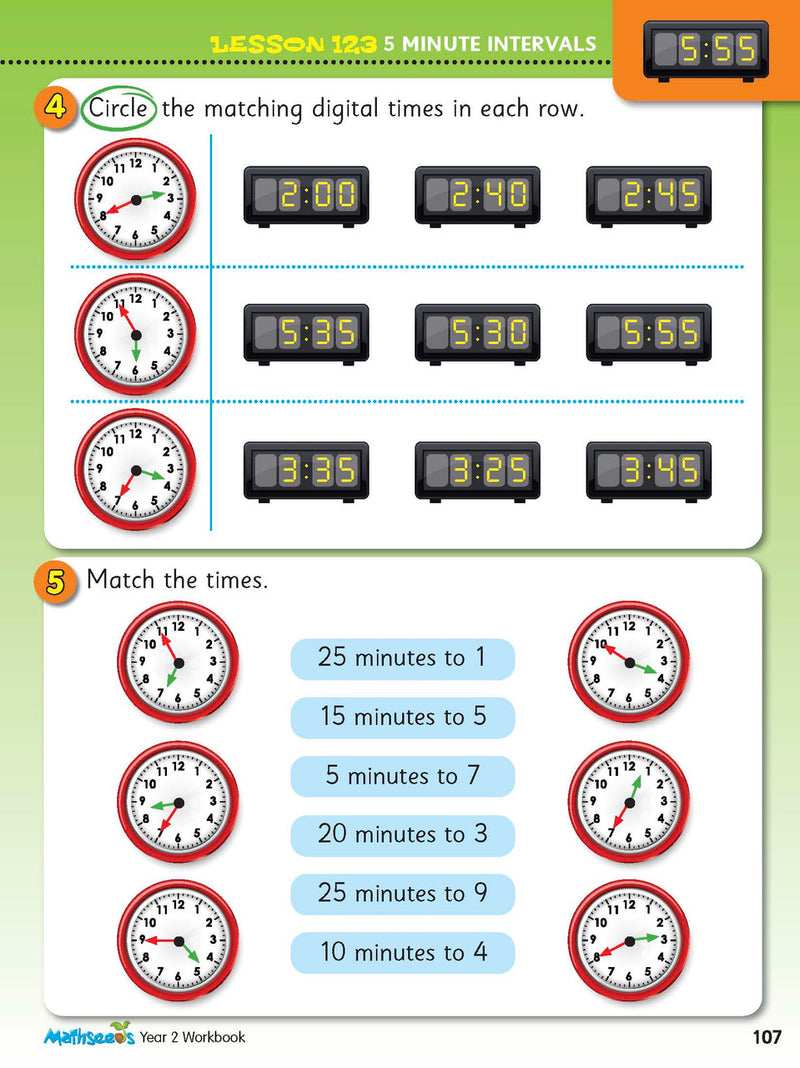 Example lesson worksheet from the ABC Mathseeds Maths Skills Year 2 workbook, showing full-colour lesson activities