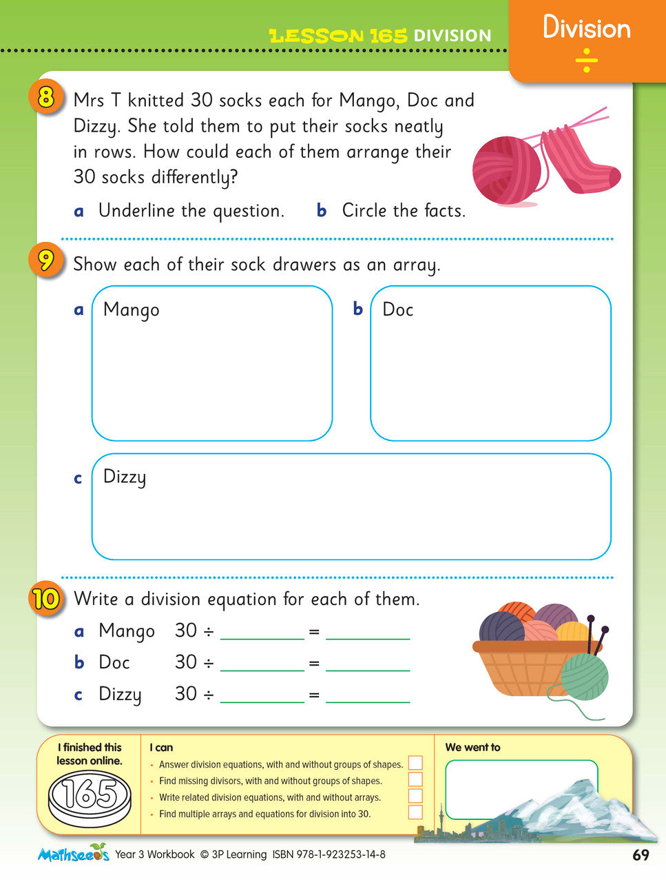 Interior activity page from the ABC Mathseeds Maths Skills Year 3 workbook, showing full-colour lesson activities
