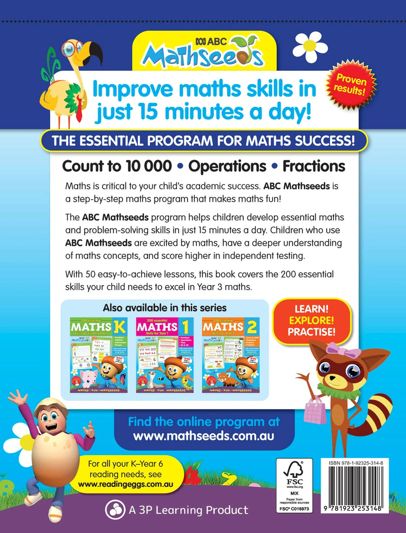 Back cover of the ABC Mathseeds Maths Skills Year 3 workbook, showing the series branding and book information