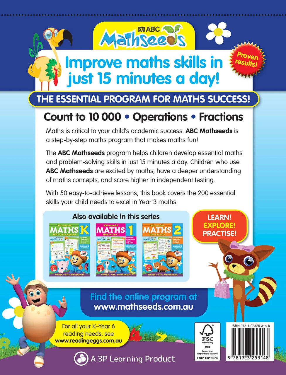 Back cover of the ABC Mathseeds Maths Skills Year 3 workbook, showing the series branding and book information