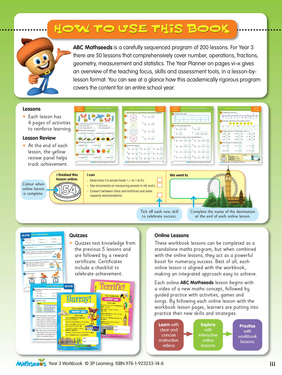 Sample interior page from the ABC Mathseeds Maths Skills Year 3 workbook, showing full-colour lesson activities