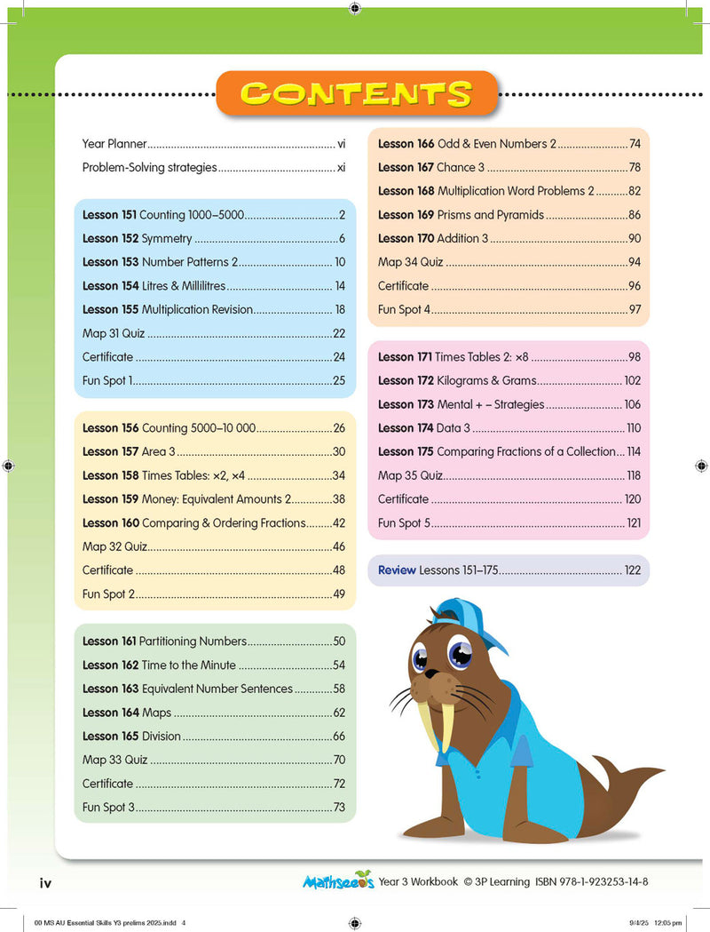 Example lesson worksheet from the ABC Mathseeds Maths Skills Year 3 workbook, showing full-colour lesson activities
