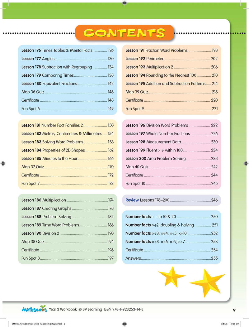 Inside page preview from the ABC Mathseeds Maths Skills Year 3 workbook, showing full-colour lesson activities