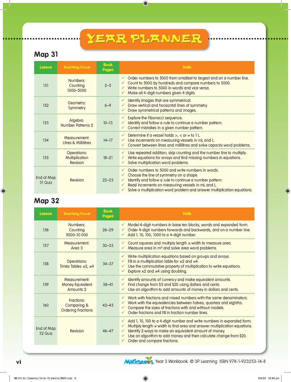 Sample practice page from the ABC Mathseeds Maths Skills Year 3 workbook, showing full-colour lesson activities