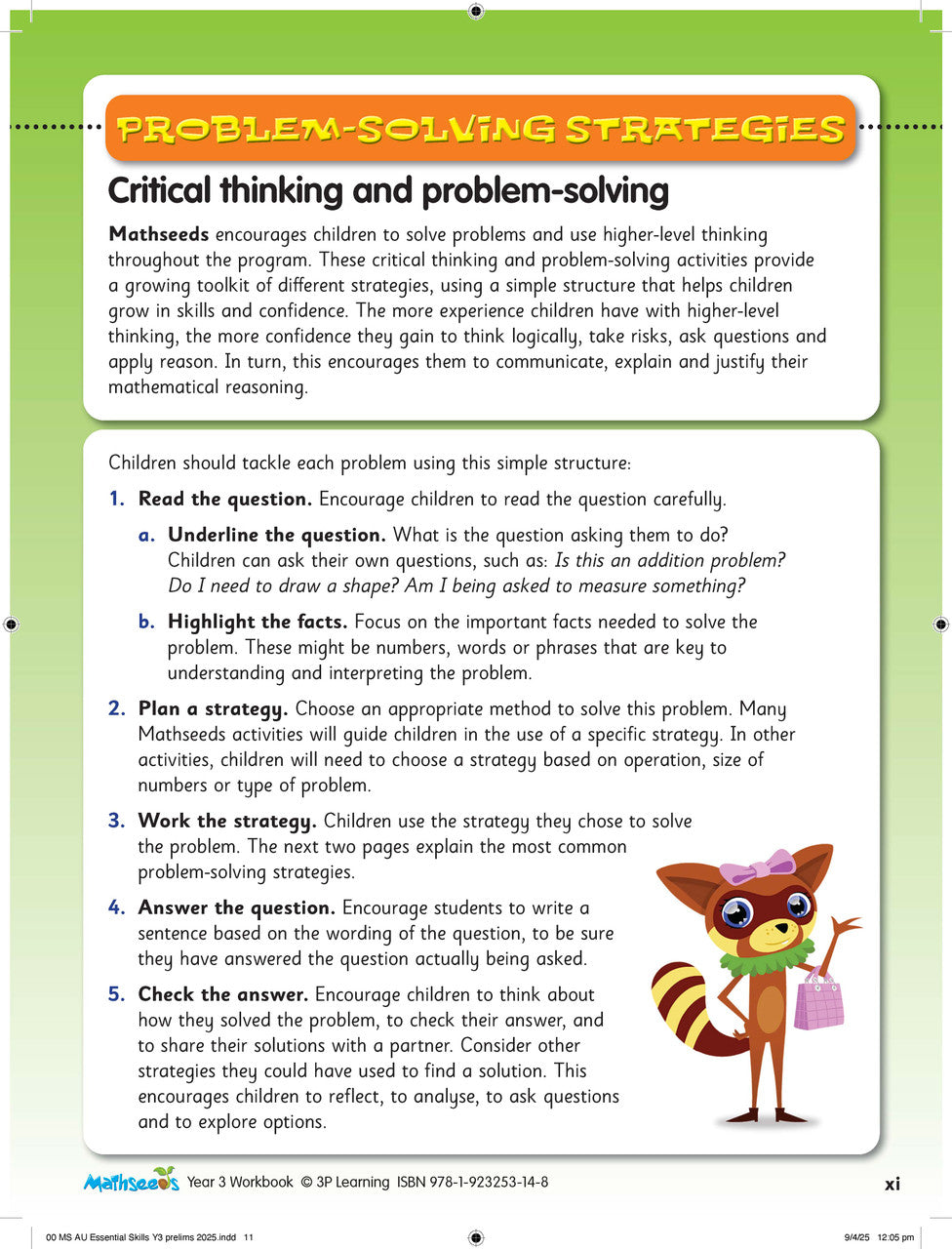 Interior activity page from the ABC Mathseeds Maths Skills Year 3 workbook, showing full-colour lesson activities