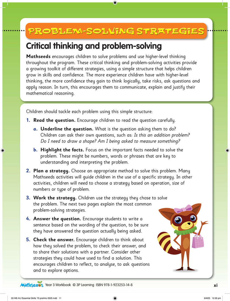 Interior activity page from the ABC Mathseeds Maths Skills Year 3 workbook, showing full-colour lesson activities