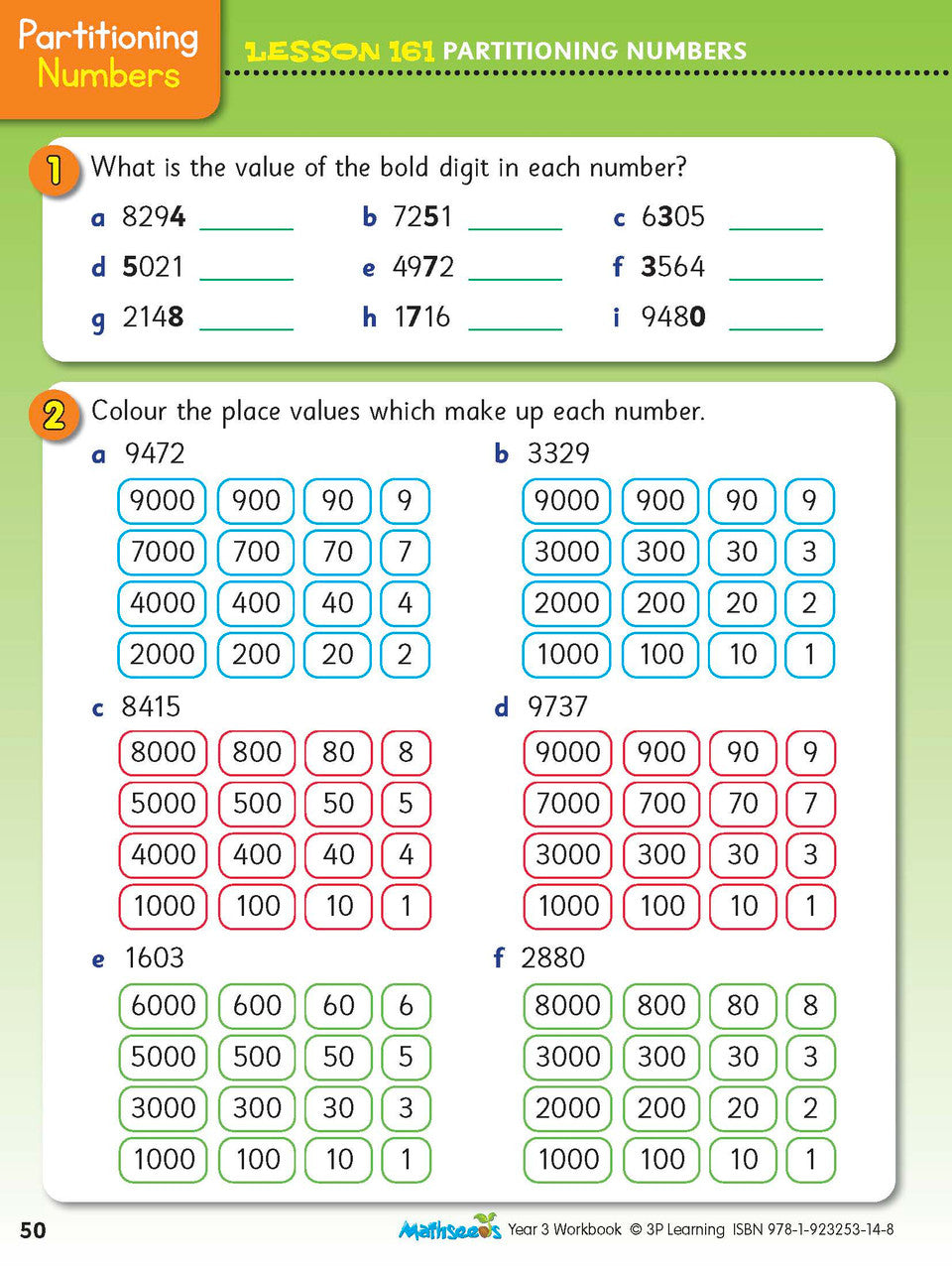 Sample interior page from the ABC Mathseeds Maths Skills Year 3 workbook, showing full-colour lesson activities