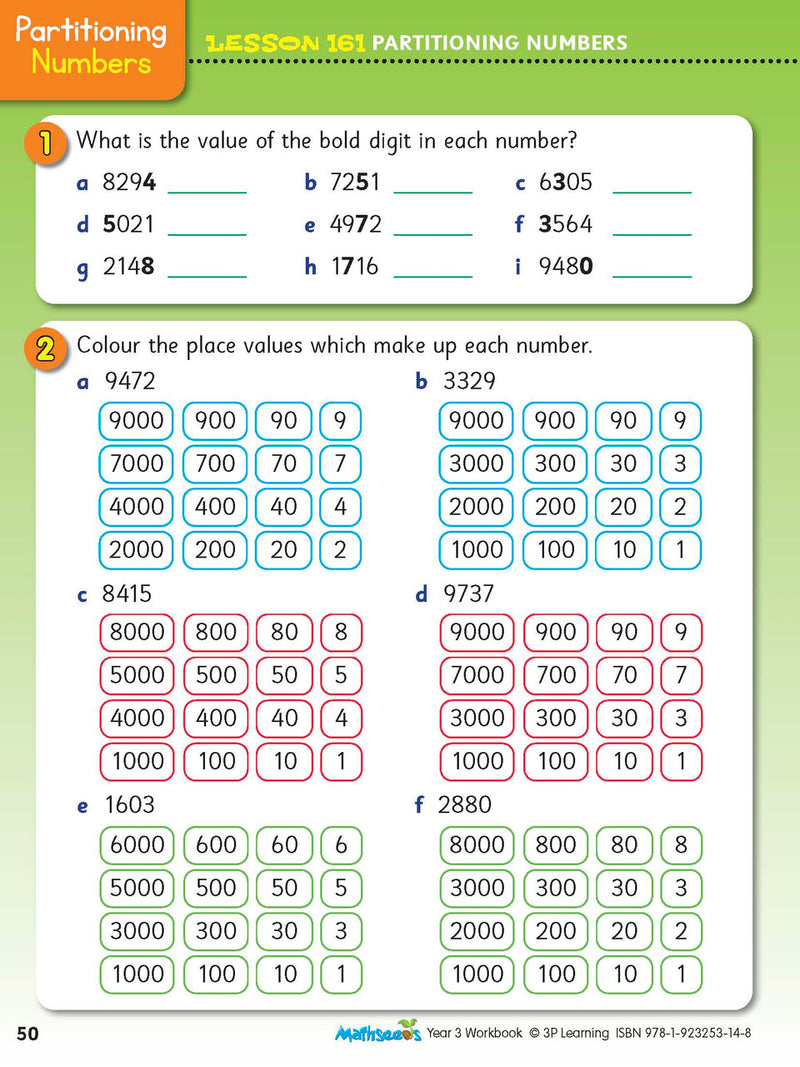 Sample interior page from the ABC Mathseeds Maths Skills Year 3 workbook, showing full-colour lesson activities