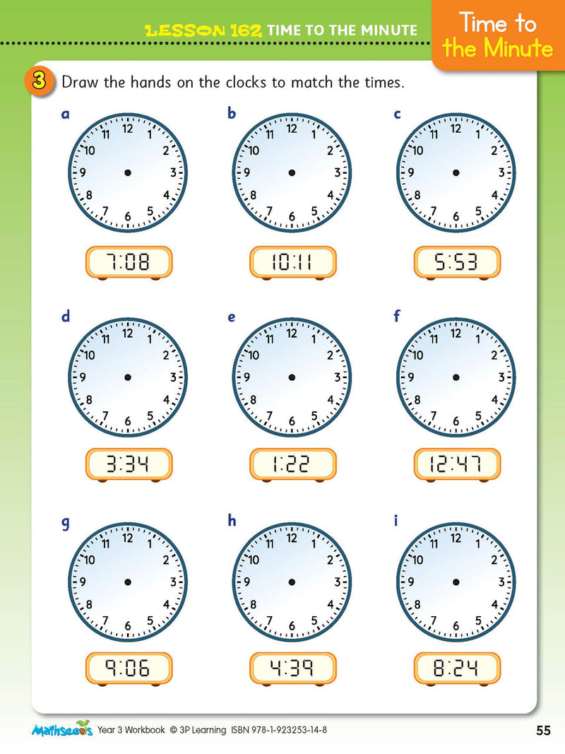 Example lesson worksheet from the ABC Mathseeds Maths Skills Year 3 workbook, showing full-colour lesson activities