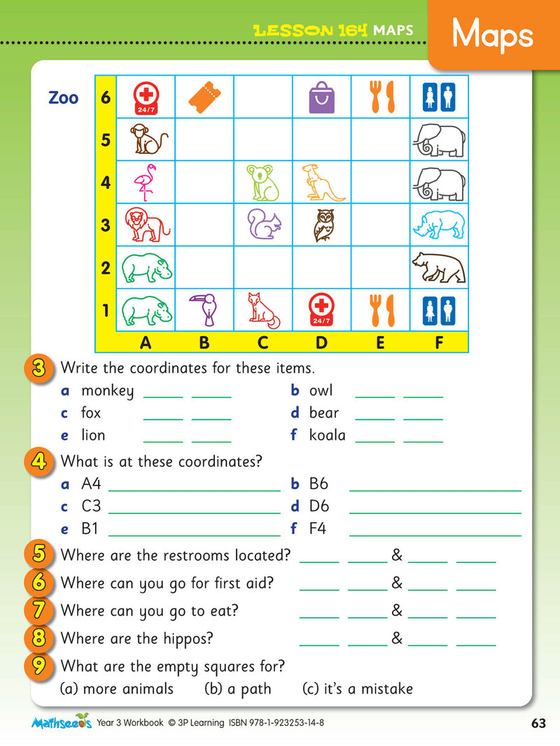 Inside page preview from the ABC Mathseeds Maths Skills Year 3 workbook, showing full-colour lesson activities