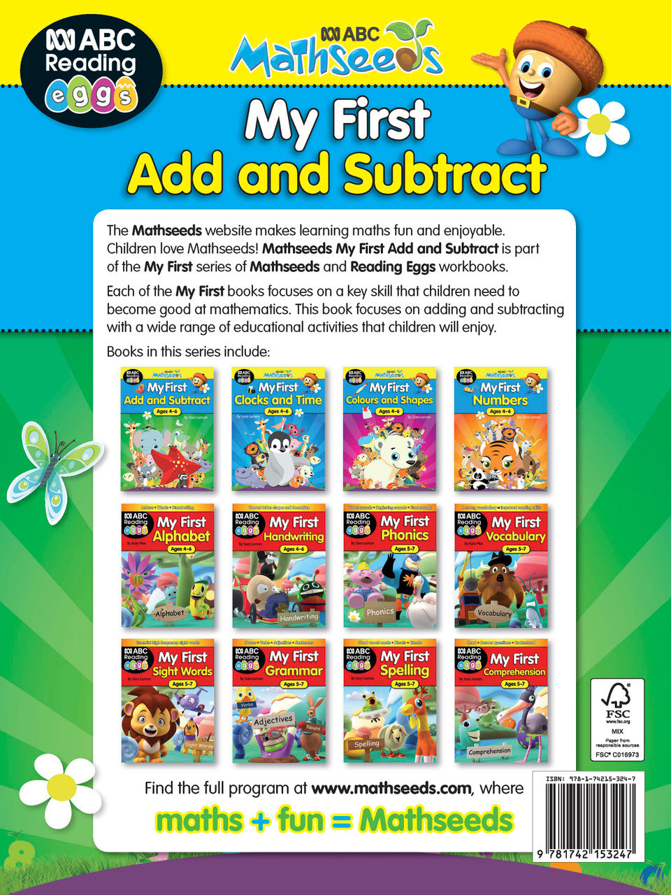 Back cover of ABC Mathseeds My First Add and Subtract with the publisher blurb about the My First series