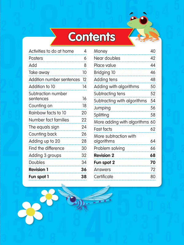 Contents page from ABC Mathseeds My First Add and Subtract listing the addition and subtraction activities in the book