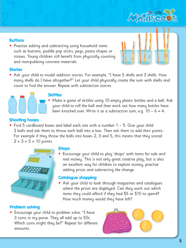 Sample interior activity page from ABC Mathseeds My First Add and Subtract with counting and adding tasks