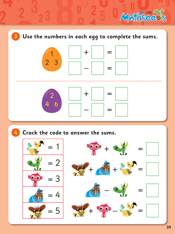 Facing sample activity page from the middle section of ABC Mathseeds My First Add and Subtract