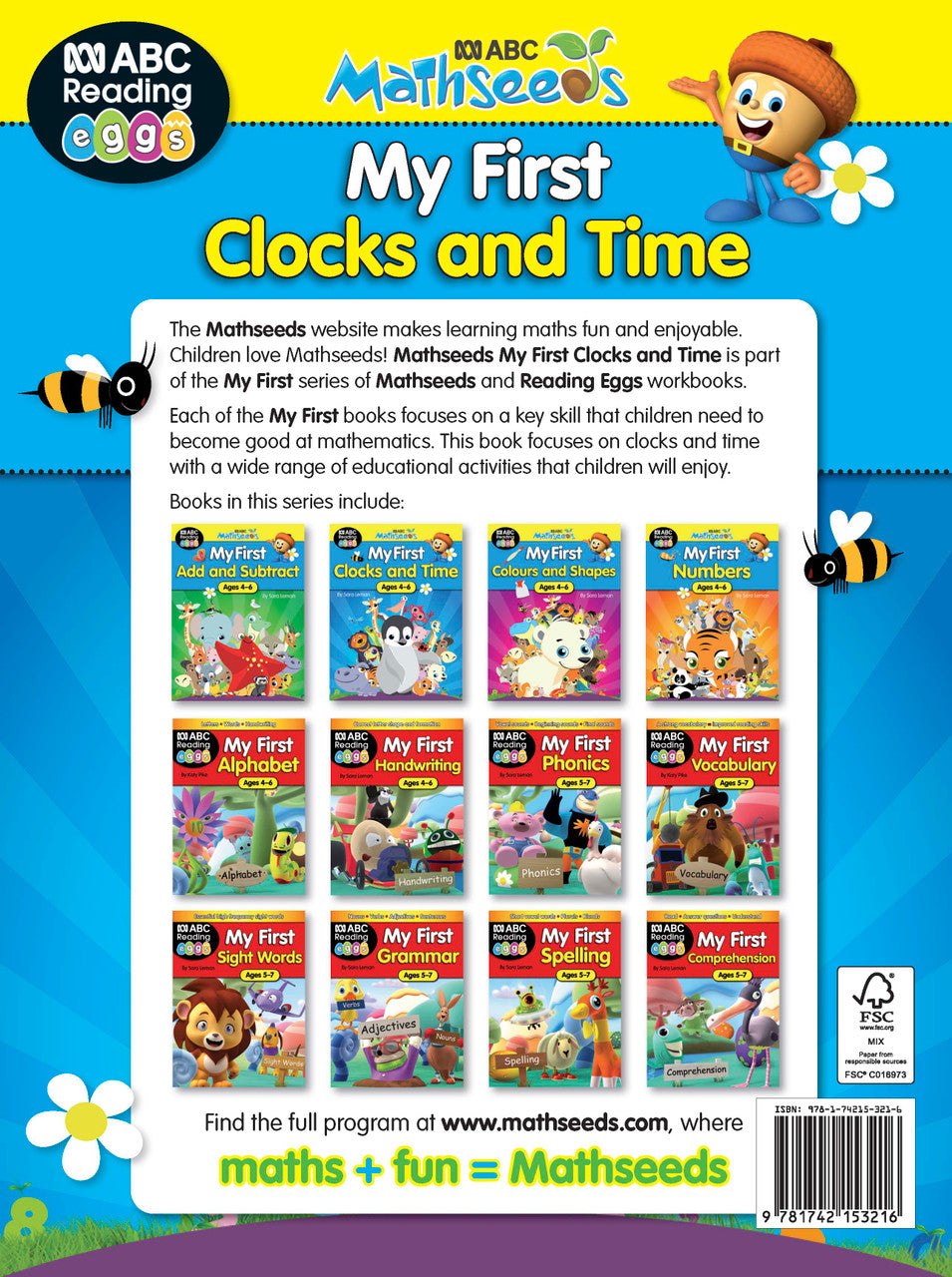 Back cover of ABC Mathseeds My First Clocks and Time, the My First series maths workbook for K-Prep and Year 1