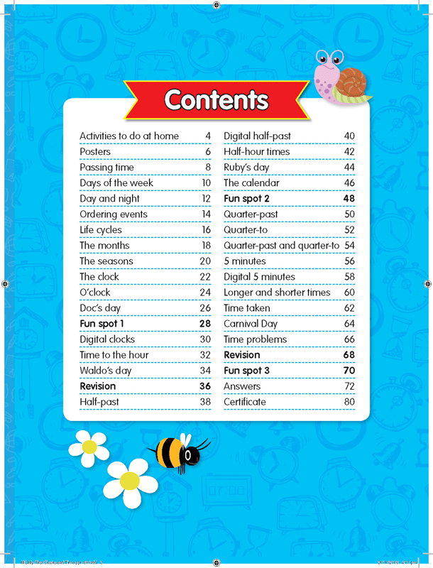 Contents page from ABC Mathseeds My First Clocks and Time listing the activities inside the workbook