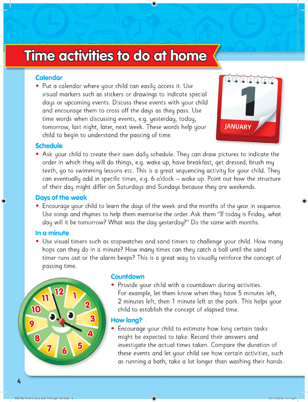 Sample page 4 from ABC Mathseeds My First Clocks and Time showing an early maths activity for young learners