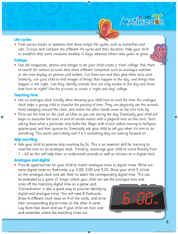 Sample page 5 from ABC Mathseeds My First Clocks and Time showing an early maths activity for young learners