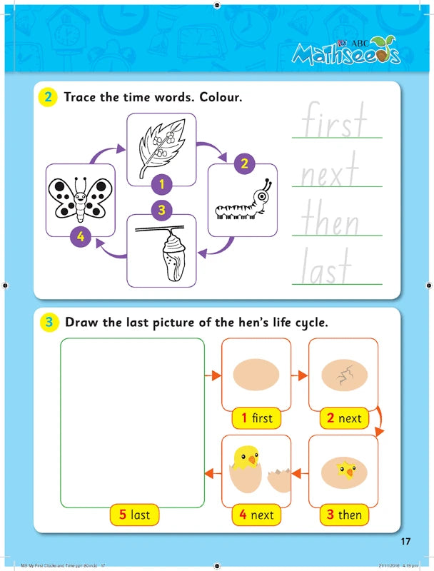Sample page 17 from ABC Mathseeds My First Clocks and Time showing an early maths activity for young learners
