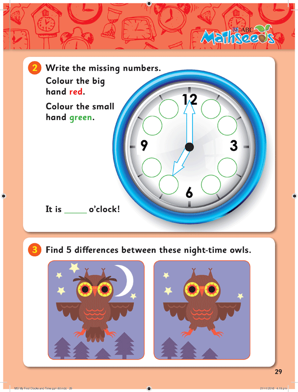 Sample page 29 from ABC Mathseeds My First Clocks and Time showing an early maths activity for young learners