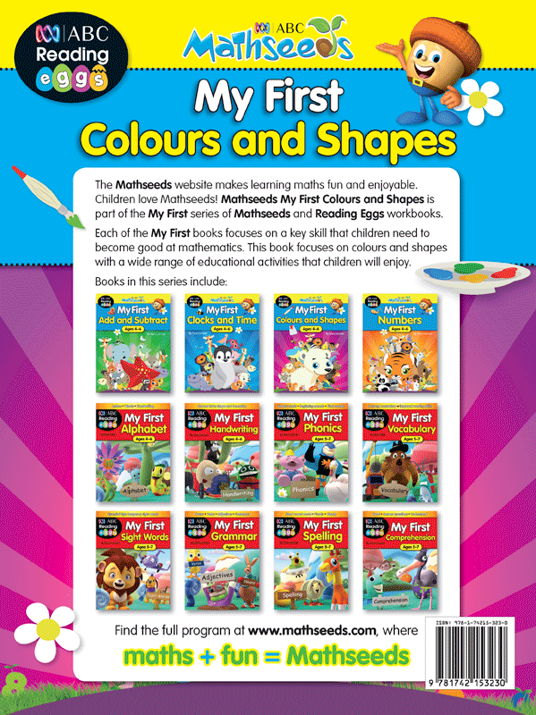 Back cover of ABC Mathseeds My First Colours and Shapes, the My First series maths workbook for K-Prep and Year 1