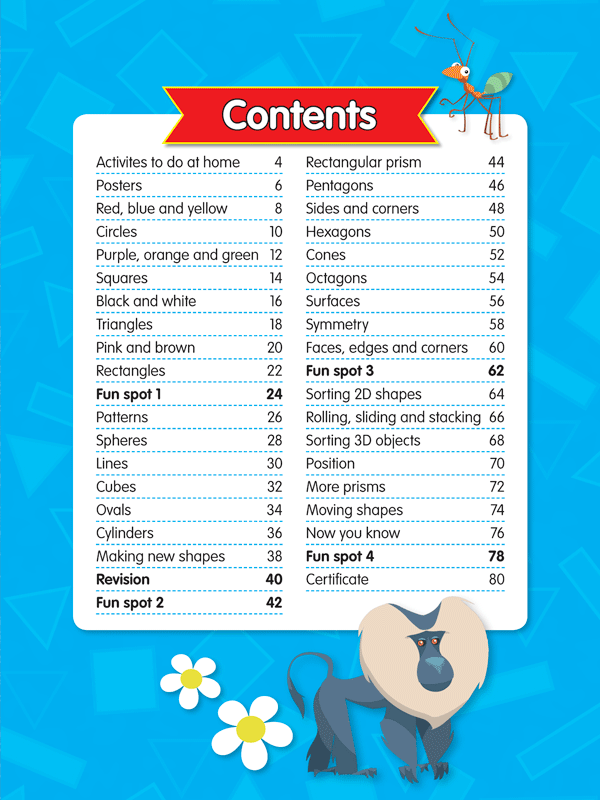 Contents page from ABC Mathseeds My First Colours and Shapes listing the activities inside the workbook