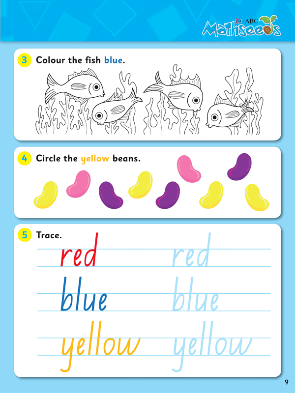 Sample page 9 from ABC Mathseeds My First Colours and Shapes showing an early maths activity for young learners