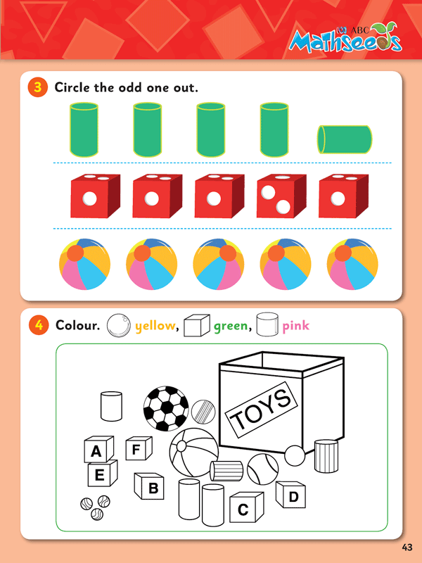 Sample page 43 from ABC Mathseeds My First Colours and Shapes showing an early maths activity for young learners