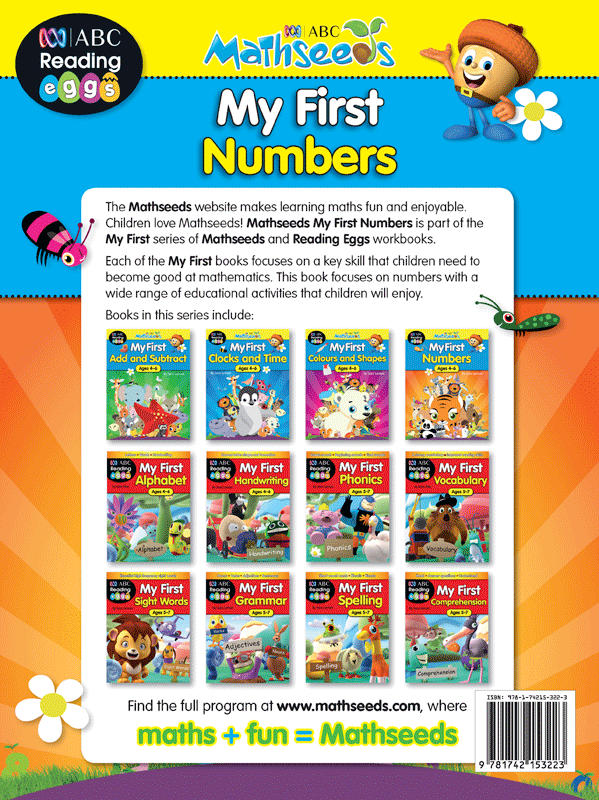 Back cover of ABC Mathseeds My First Numbers, the My First series maths workbook for K-Prep and Year 1