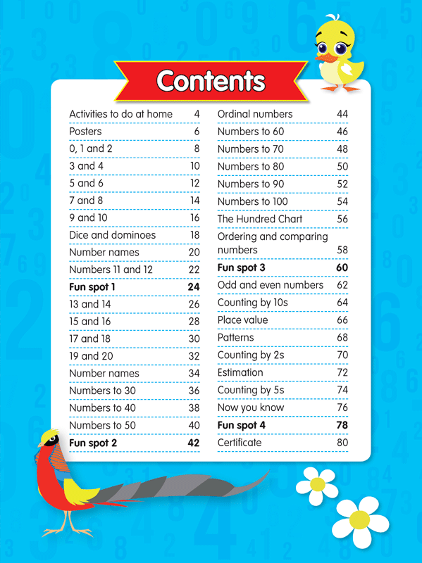 Contents page from ABC Mathseeds My First Numbers listing the activities inside the workbook