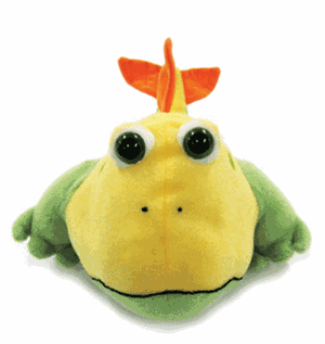 ABC Reading Eggs Frogfish plush hand puppet, the soft toy critter matched to the letter F, shown as a product photo