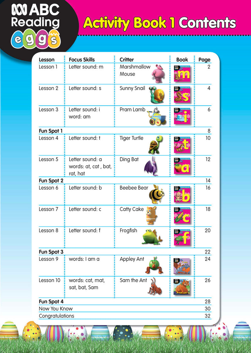 Sample interior page from ABC Reading Eggs Starting Out Activity Book 1 showing letter and sound activities
