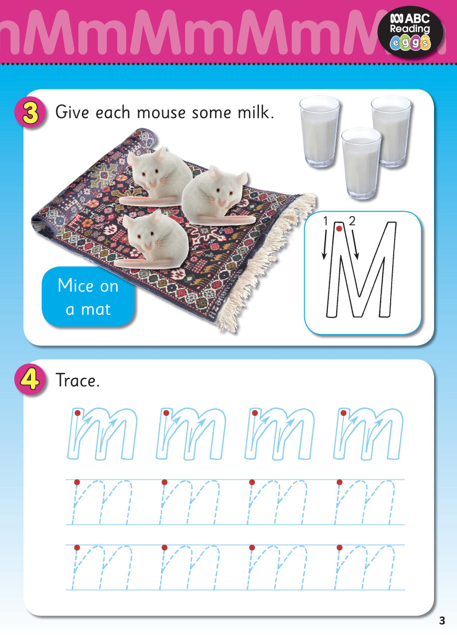 Second sample interior page from ABC Reading Eggs Starting Out Activity Book 1 with phonics and handwriting practice