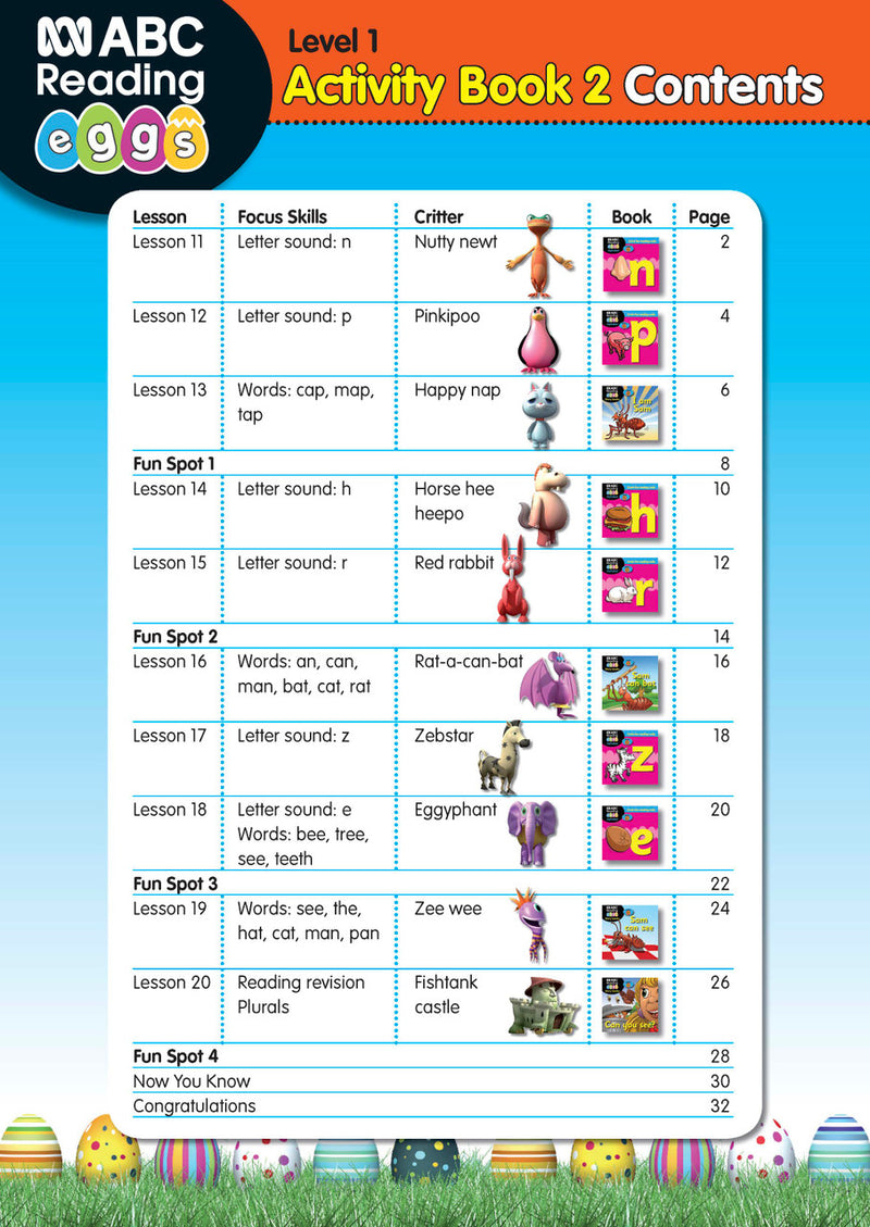 Sample interior page from ABC Reading Eggs Starting Out Activity Book 2 showing letter and sound activities