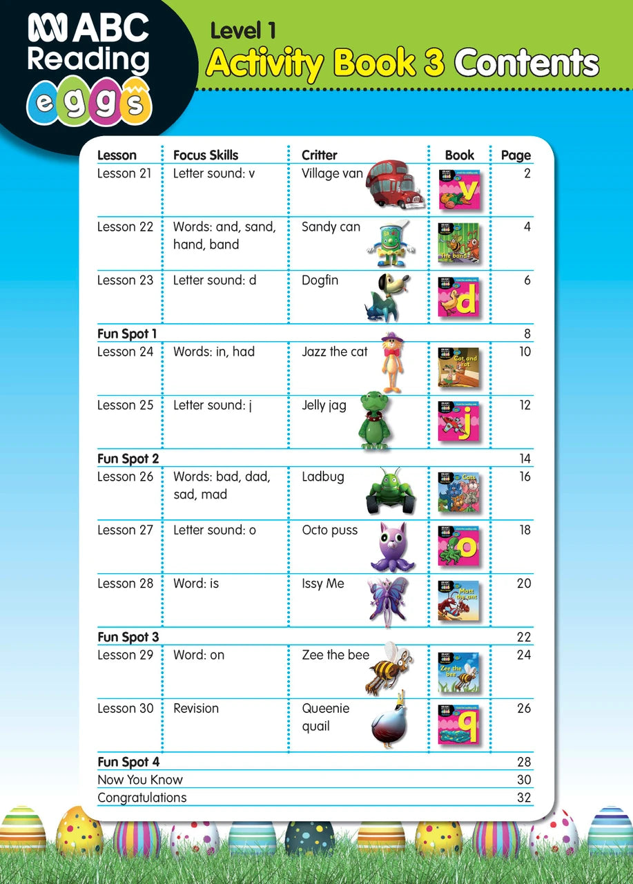 Sample interior page from ABC Reading Eggs Starting Out Activity Book 3 showing letter and sound activities