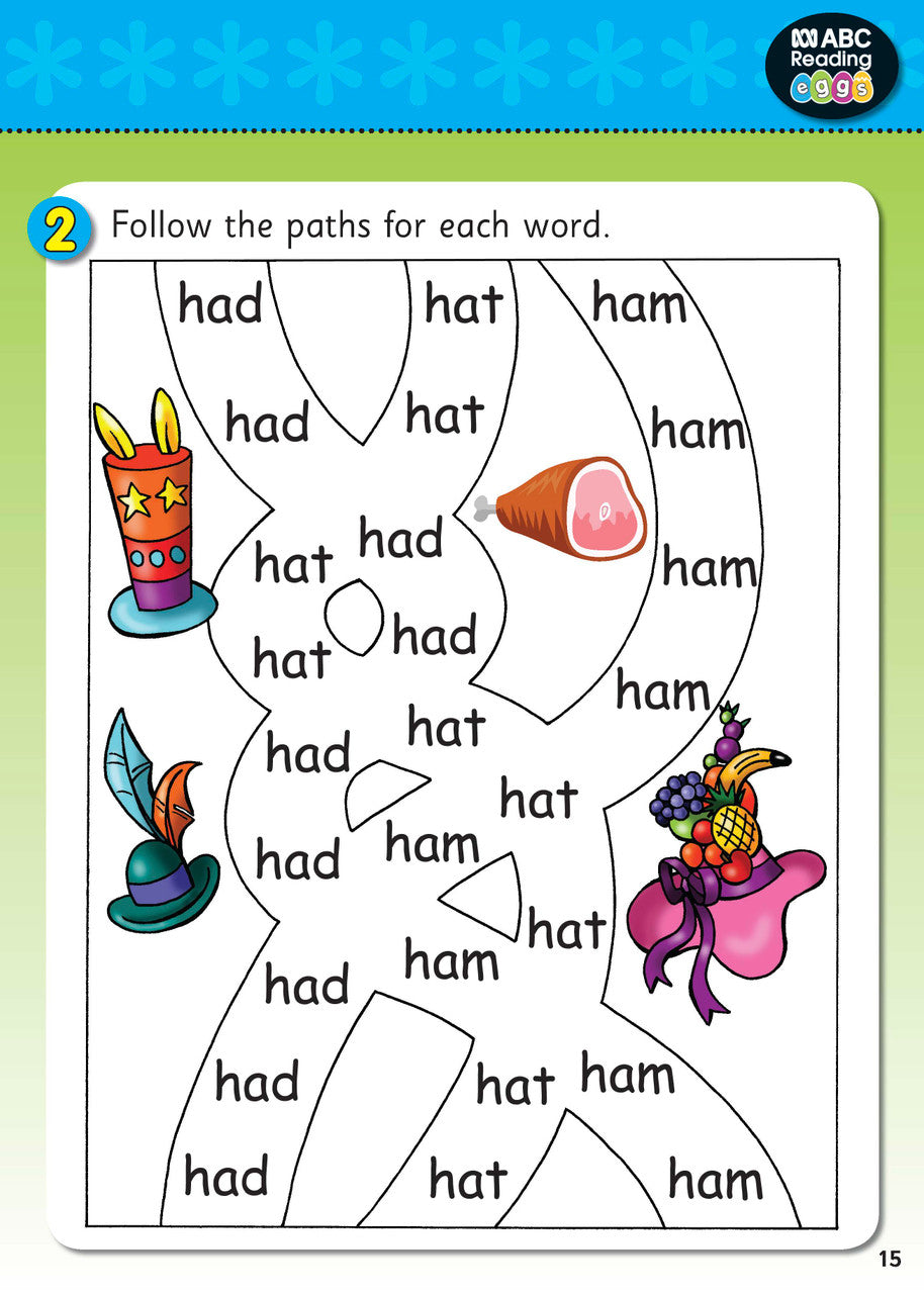 Third sample interior page from ABC Reading Eggs Starting Out Activity Book 3 with early reading and writing tasks