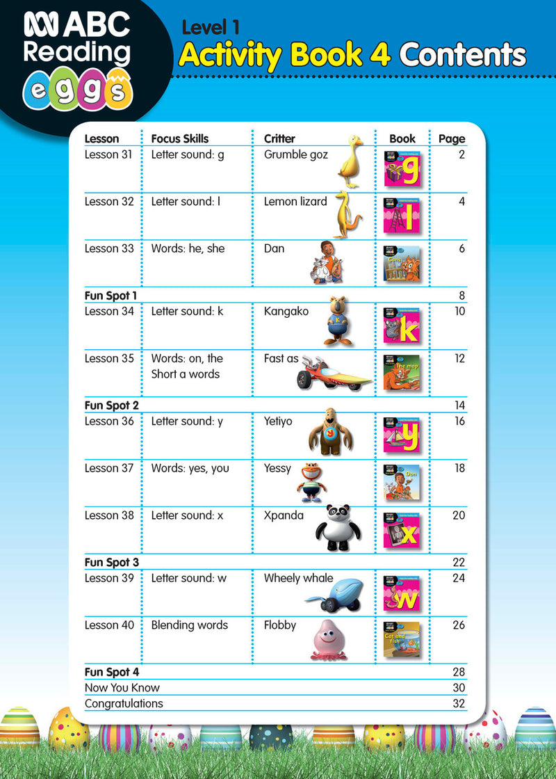 Sample interior page from ABC Reading Eggs Starting Out Activity Book 4 showing letter and sound activities