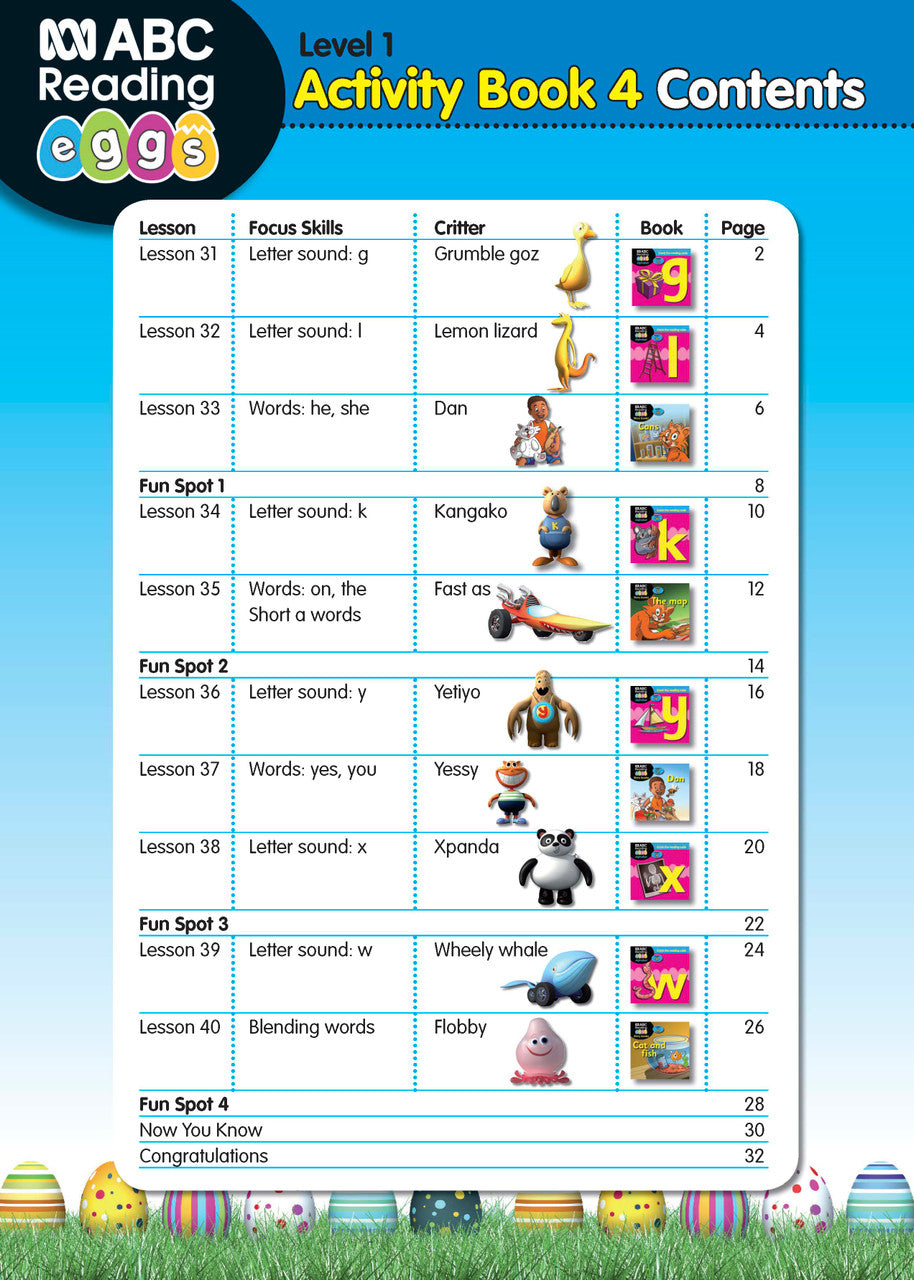 Sample interior page from ABC Reading Eggs Starting Out Activity Book 4 showing letter and sound activities