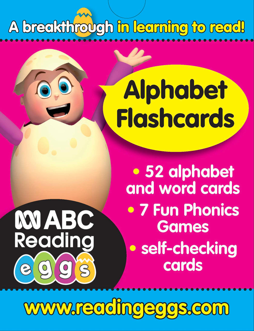 Front of the box for ABC Reading Eggs Starting Out Alphabet Flashcards by Katy Pike, a set of letter cards with games