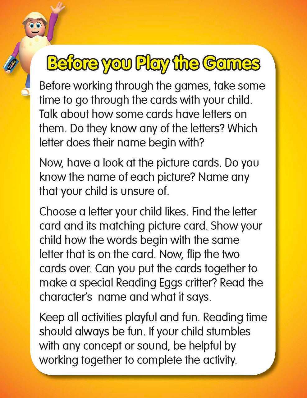 Game instruction card from ABC Reading Eggs Starting Out Alphabet Flashcards explaining how to play one of the 7 games