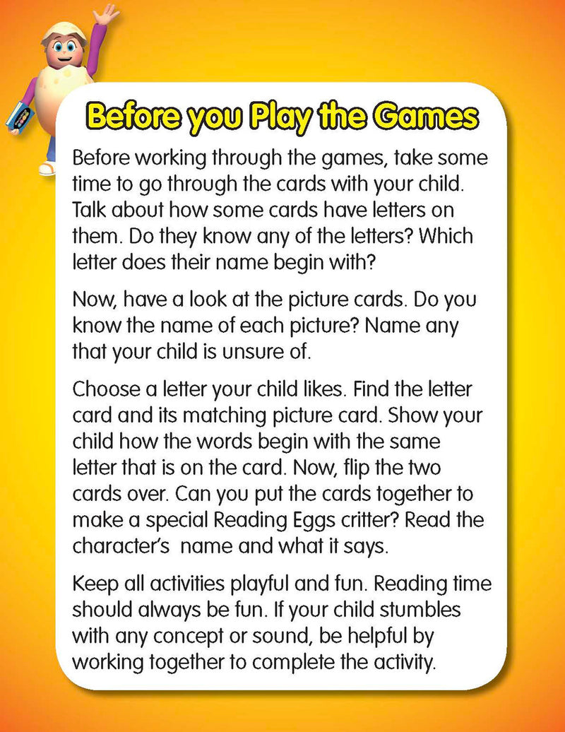 Game instruction card from ABC Reading Eggs Starting Out Alphabet Flashcards explaining how to play one of the 7 games