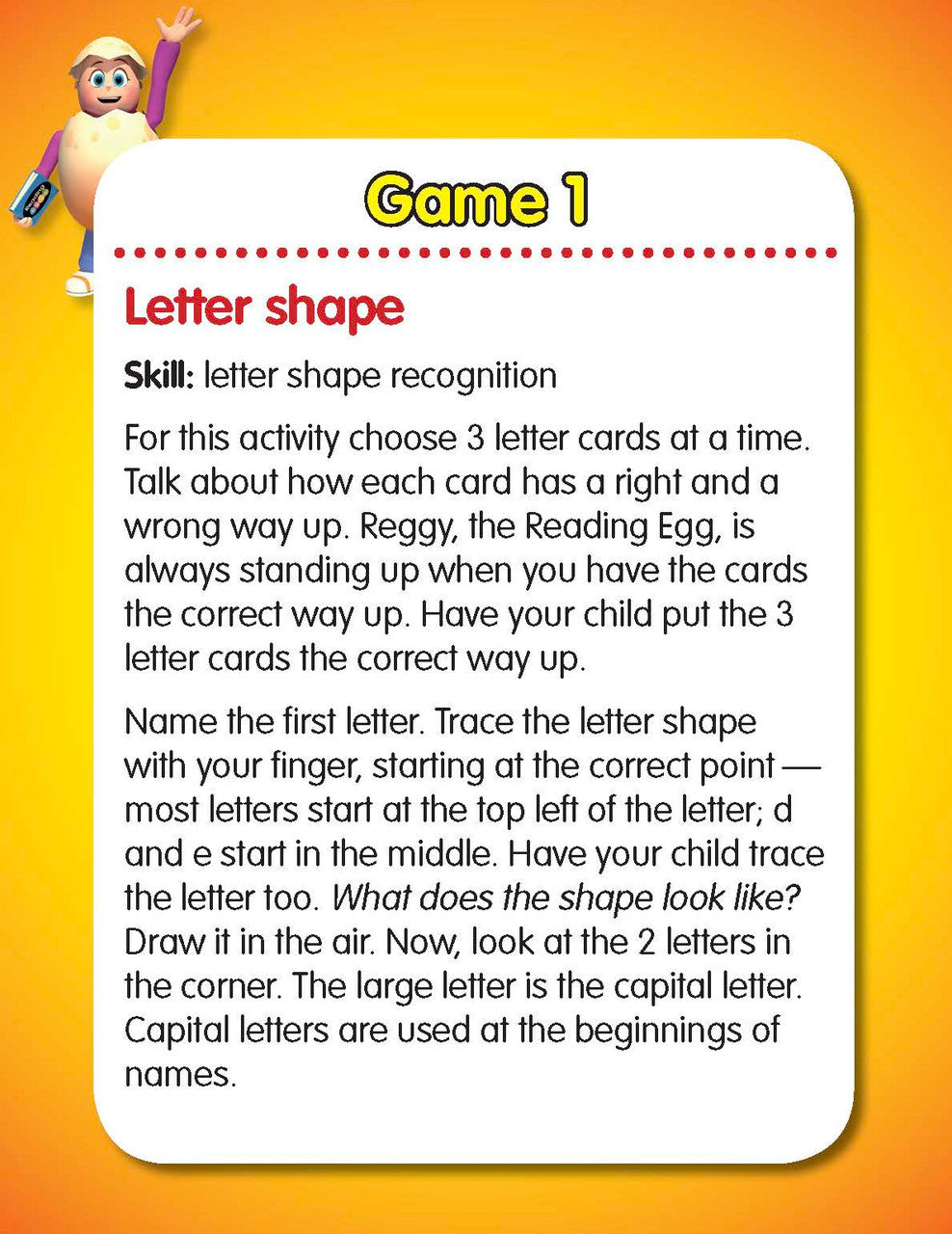 Reverse side of a game instruction card from ABC Reading Eggs Starting Out Alphabet Flashcards