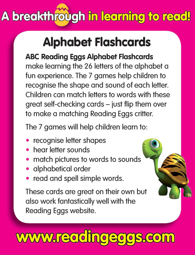 Back of the box for ABC Reading Eggs Starting Out Alphabet Flashcards with the publisher description of the games