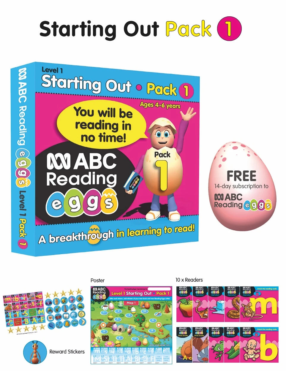 Front pack image for ABC Reading Eggs Starting Out Book Pack 1 showing the pack as presented by the publisher