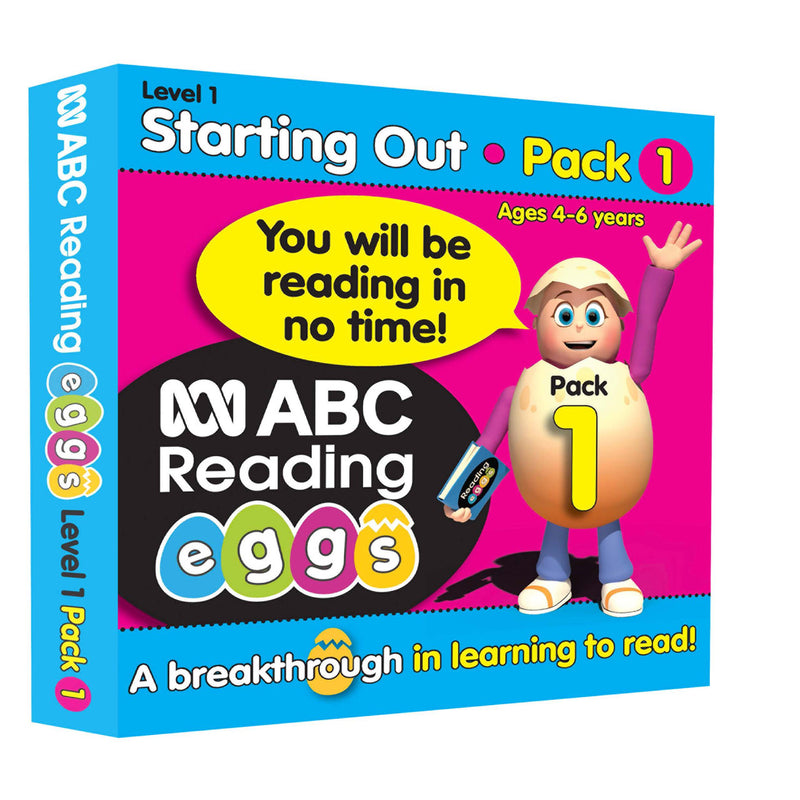 Pack contents image for ABC Reading Eggs Starting Out Book Pack 1 showing the readers, poster, sticker sheet and parent guide