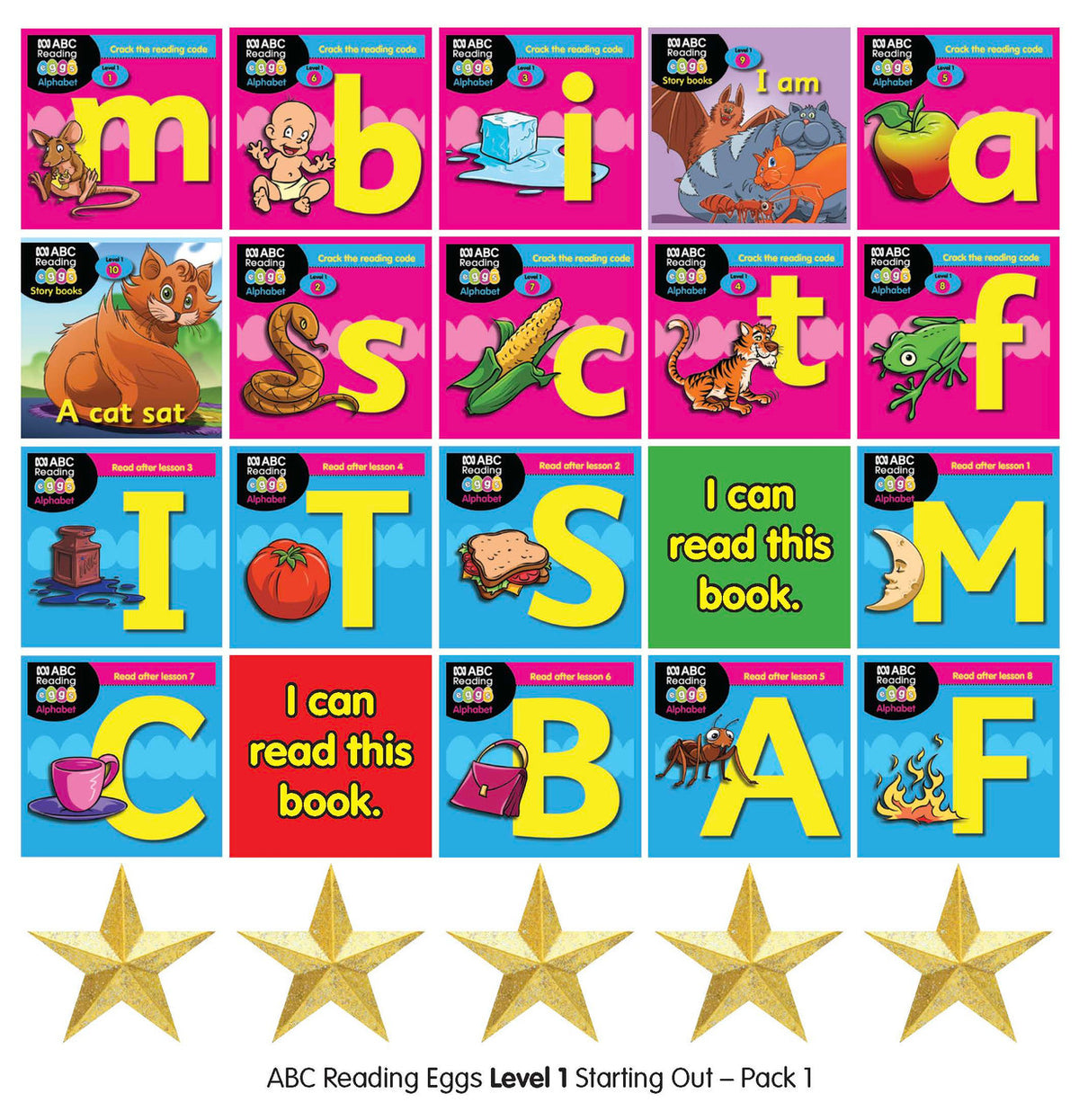 First side of the sticker sheet included in ABC Reading Eggs Starting Out Book Pack 1 with critter and star stickers