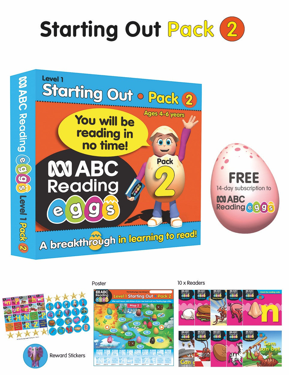 Front pack image for ABC Reading Eggs Starting Out Book Pack 2 showing the pack as presented by the publisher