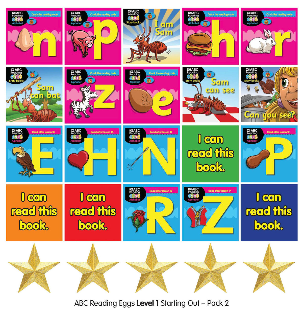 First side of the sticker sheet included in ABC Reading Eggs Starting Out Book Pack 2 with critter and star stickers